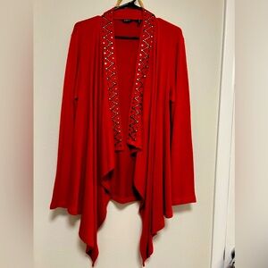 Stera size Large Brick red acrylic open front metal accents Cardigan sweater